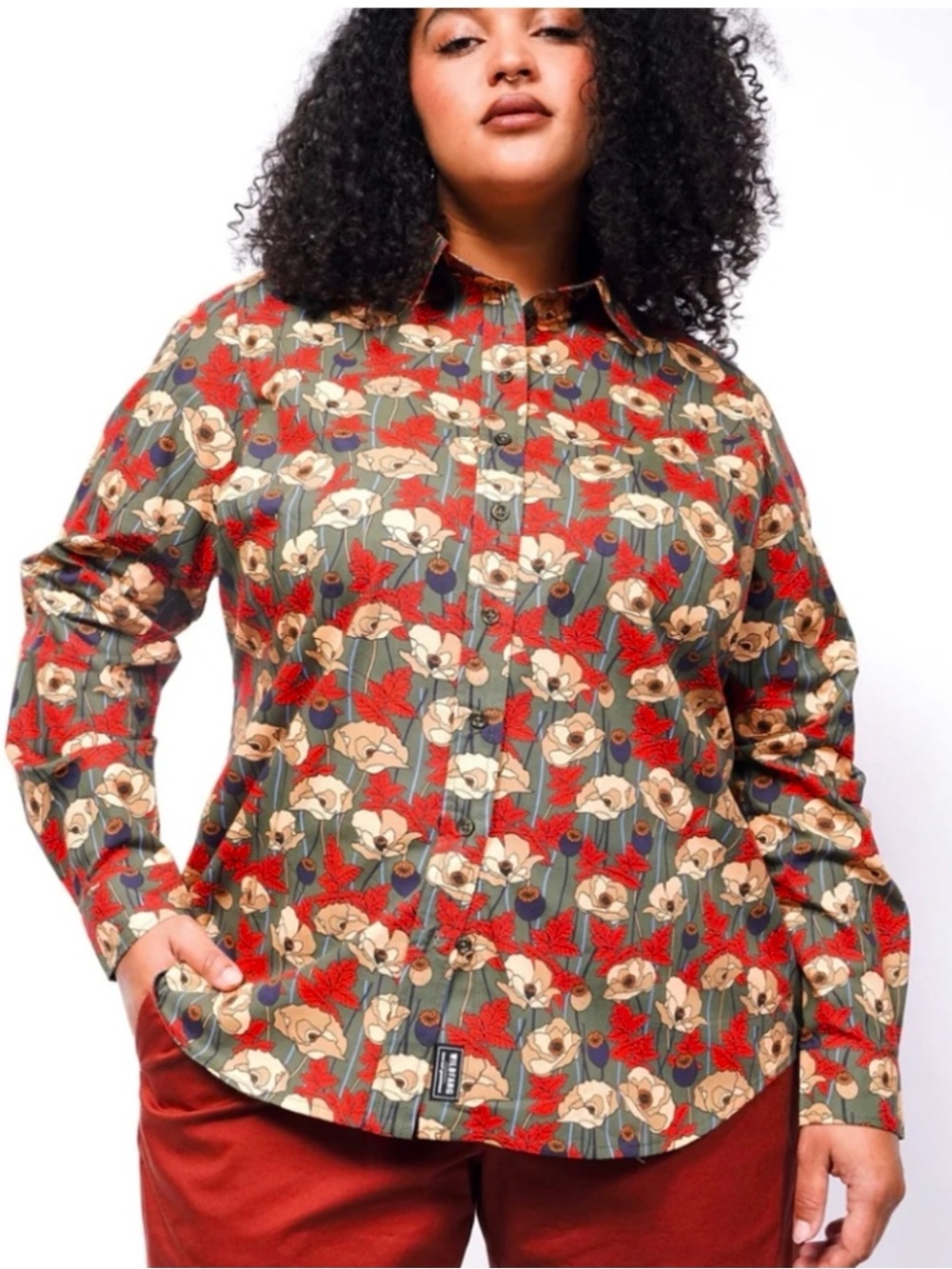 NWT Wildfang The Essential Long Sleeve Button Up Shirt In Poppy Olive Size 3X